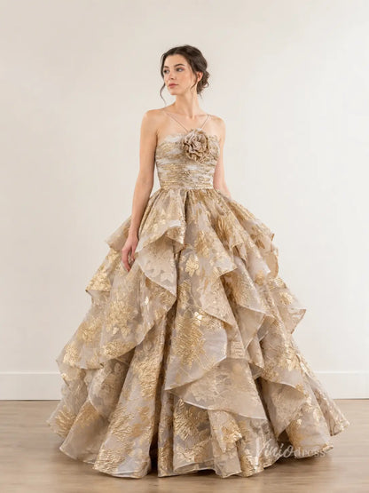 Light Gold Jacquard Ball Gown Prom Dress with Rosette Bodice & Dramatic Tiered Skirt – LY002-Prom Dresses 2026-Viniodress-Light Gold-Custom Size – Add Measurements in Cart-