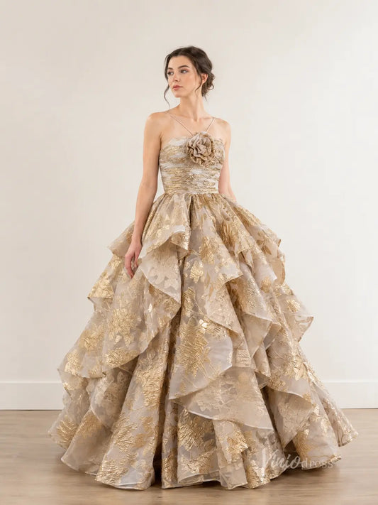 Light Gold Jacquard Ball Gown Prom Dress with Rosette Bodice & Dramatic Tiered Skirt – LY002-Prom Dresses 2026-Viniodress-Light Gold-Custom Size – Add Measurements in Cart-
