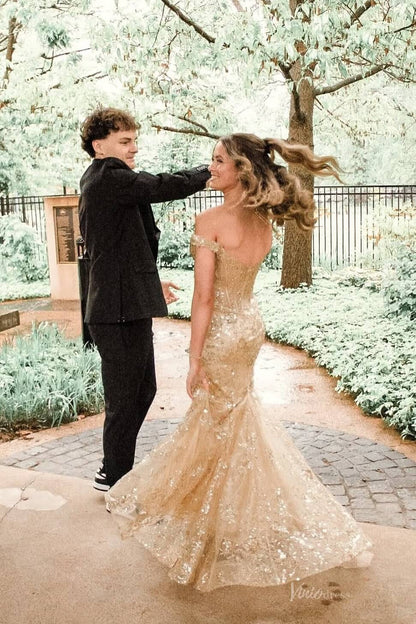 Light Gold Lace Mermaid Prom Dresses with Slit Off the Shoulder LP002-prom dresses 2026-Viniodress-Light Gold-Custom Size-