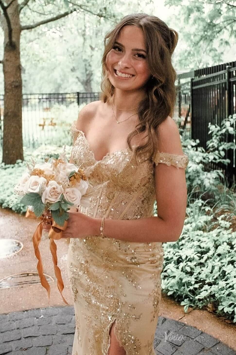 Light Gold Lace Mermaid Prom Dresses with Slit Off the Shoulder LP002-prom dresses 2026-Viniodress-Light Gold-Custom Size-