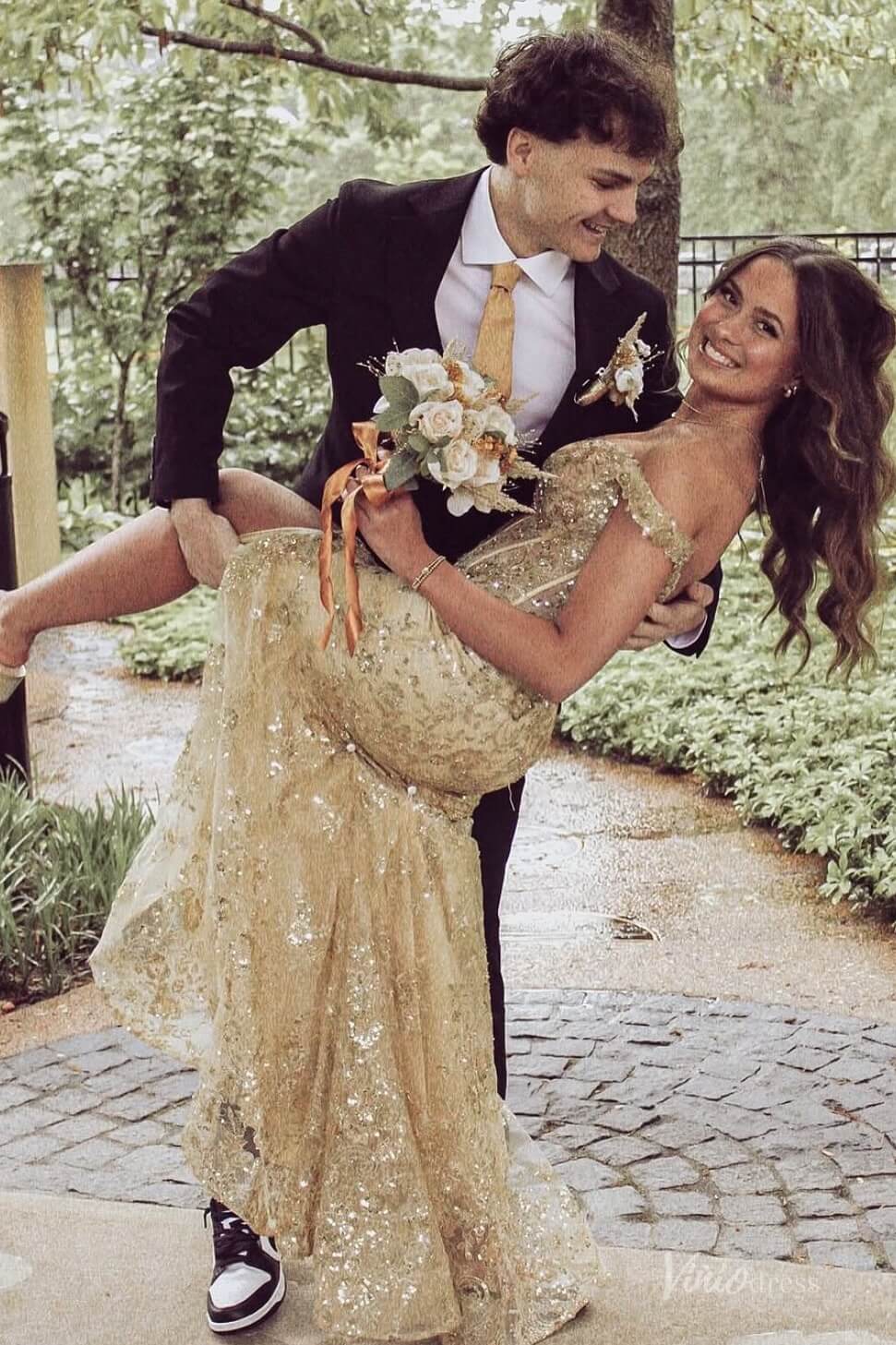 Light Gold Lace Mermaid Prom Dresses with Slit Off the Shoulder LP002-prom dresses 2026-Viniodress-Light Gold-Custom Size-