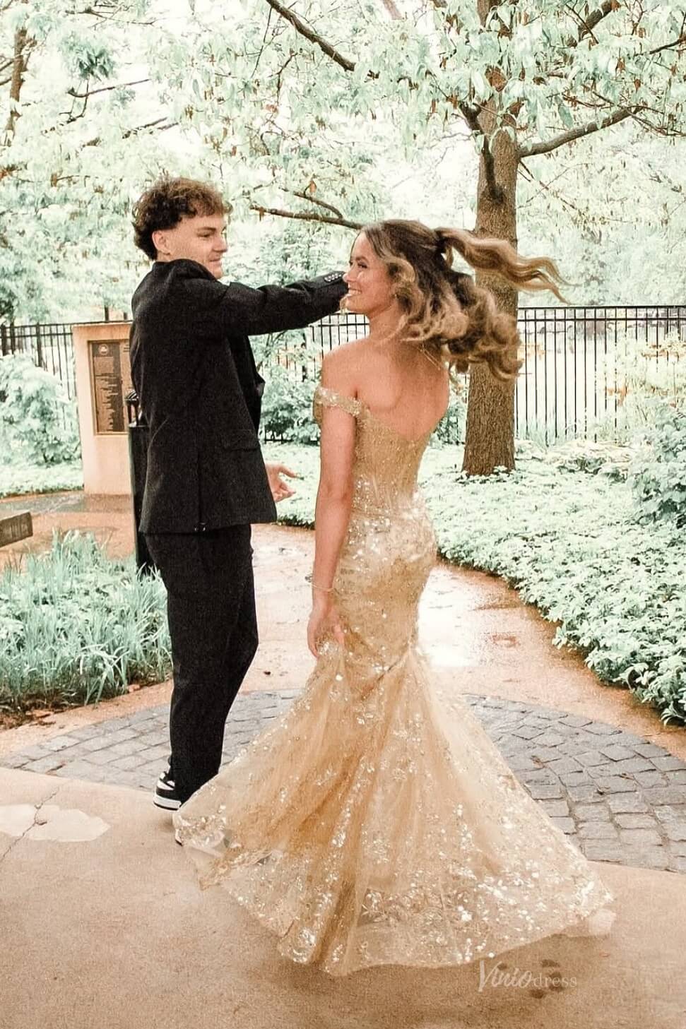 Light Gold Lace Mermaid Prom Dresses with Slit Off the Shoulder LP002-prom dresses 2026-Viniodress-Light Gold-Custom Size-