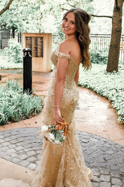 Light Gold Lace Mermaid Prom Dresses with Slit Off the Shoulder LP002-prom dresses 2026-Viniodress-Light Gold-Custom Size-
