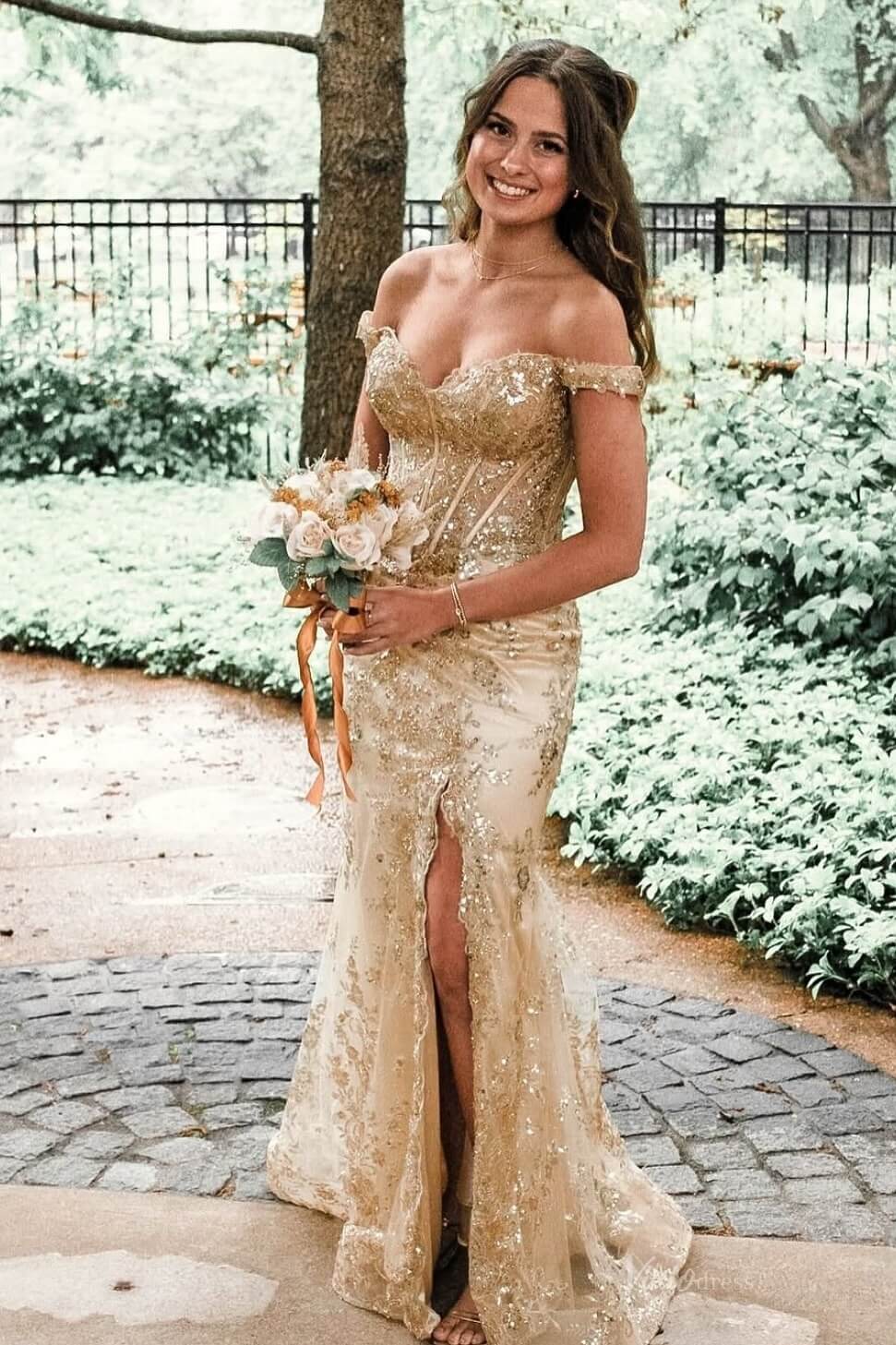 Light Gold Lace Mermaid Prom Dresses with Slit Off the Shoulder LP002-prom dresses 2026-Viniodress-Light Gold-Custom Size-