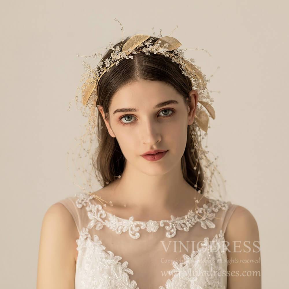 Light Gold Leaf and Crystal Hair Vine AC1108-Headpieces 2025 -Viniodress-Headband-