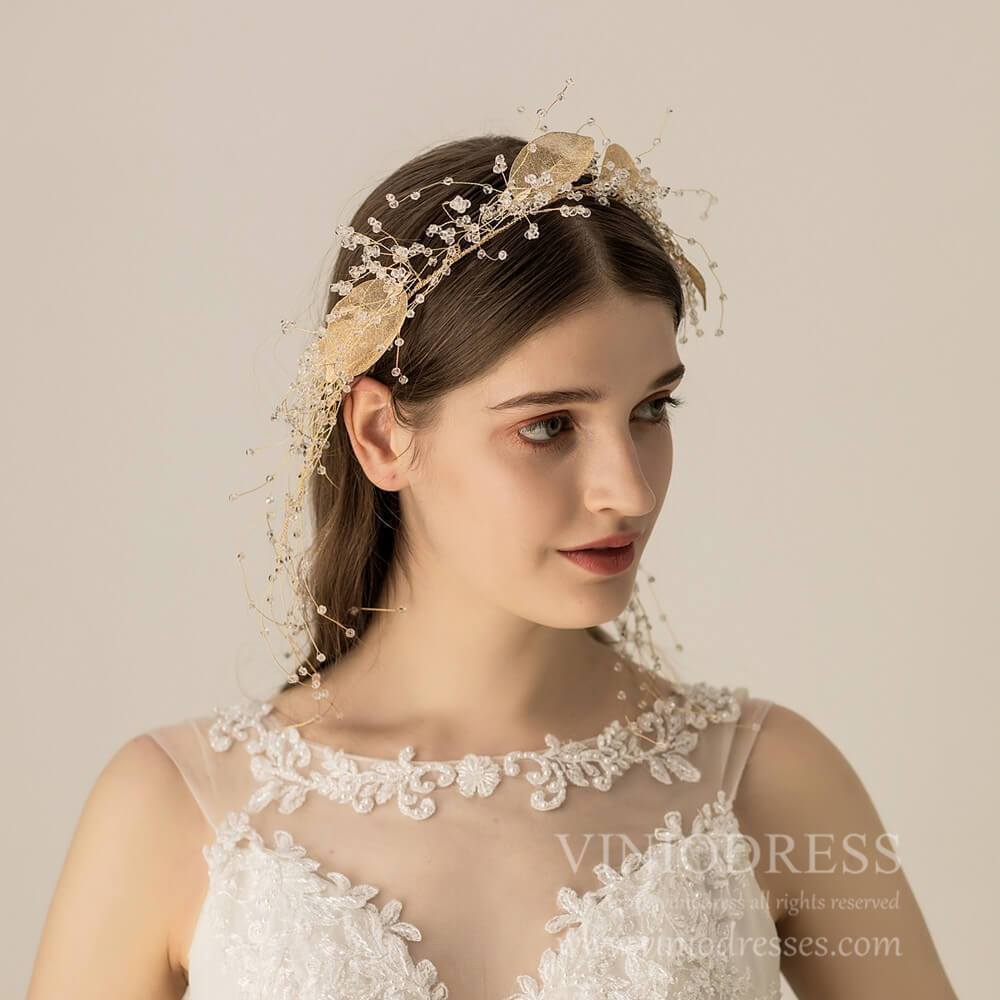 Light Gold Leaf and Crystal Hair Vine AC1108-Headpieces 2025 -Viniodress-Headband-