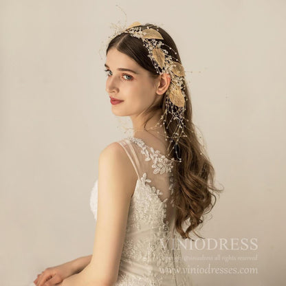Light Gold Leaf and Crystal Hair Vine AC1108-Headpieces 2025 -Viniodress-Headband-
