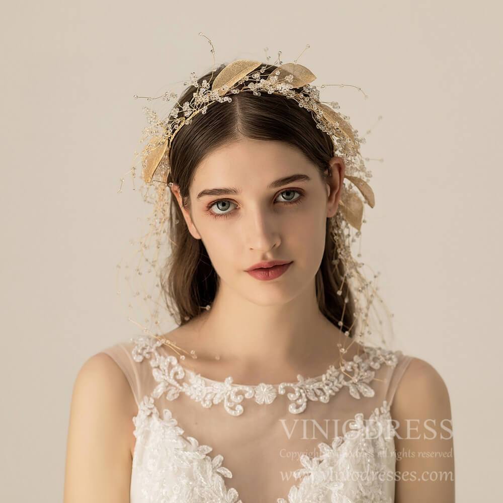 Light Gold Leaf and Crystal Hair Vine AC1108-Headpieces-Viniodress-Headband-Viniodress