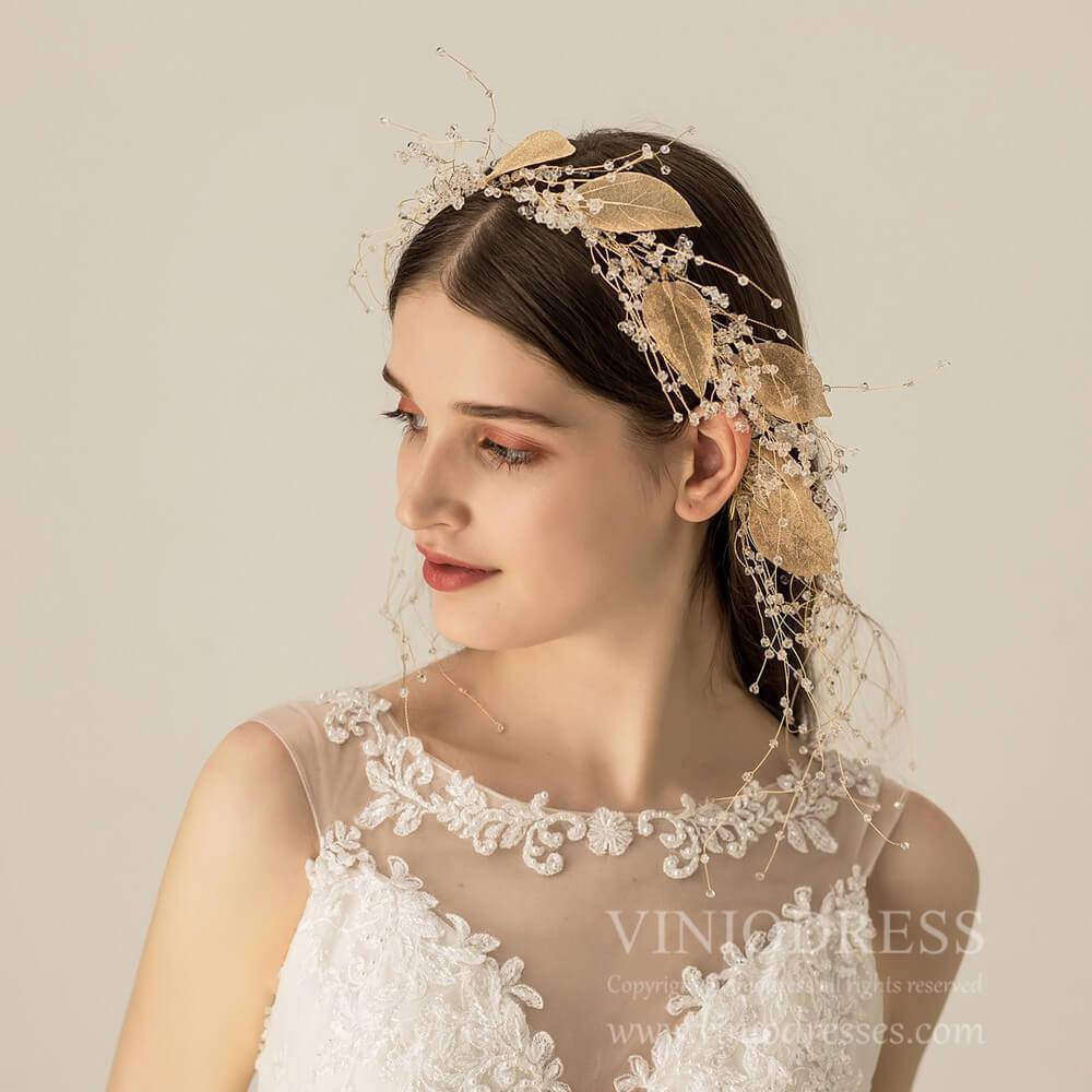 Light Gold Leaf and Crystal Hair Vine AC1108-Headpieces-Viniodress-Headband-Viniodress