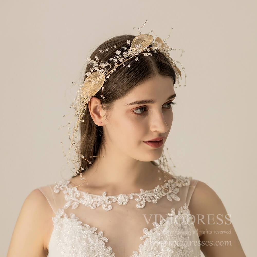 Light Gold Leaf and Crystal Hair Vine AC1108-Headpieces-Viniodress-Headband-Viniodress