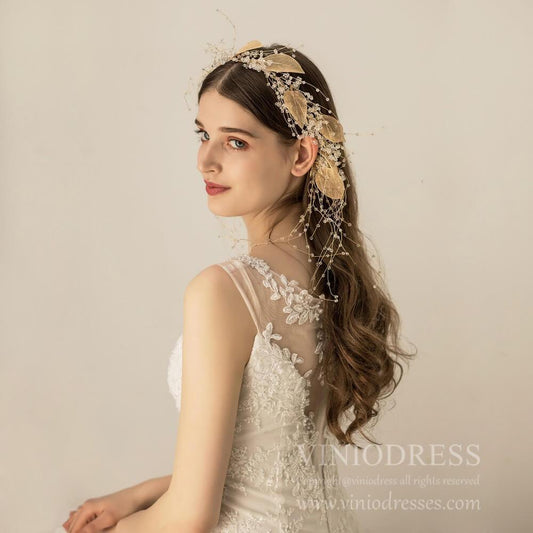 Light Gold Leaf and Crystal Hair Vine AC1108-Headpieces-Viniodress-Headband-Viniodress