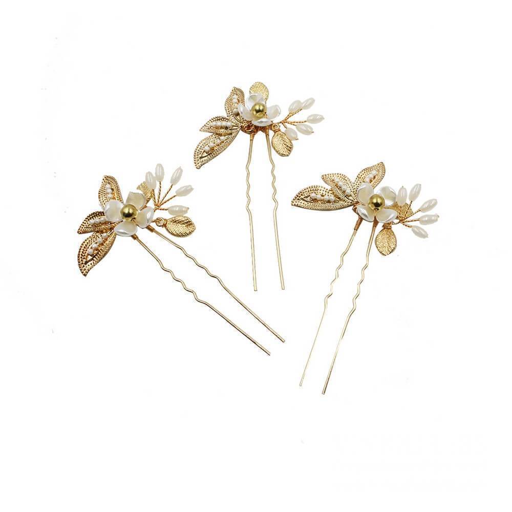 Light Gold Leaf Bridal Hairpins AC1235-Headpieces 2025 -Viniodress-3PCS-