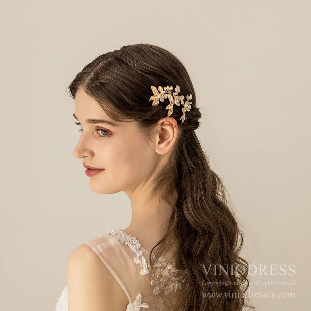 Light Gold Leaf Bridal Hairpins AC1235-Headpieces 2025 -Viniodress-3PCS-