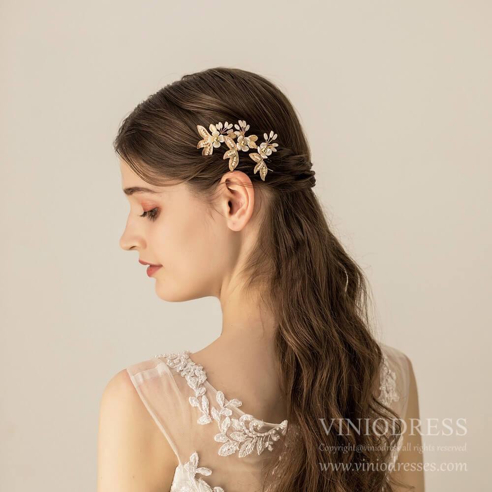 Light Gold Leaf Bridal Hairpins AC1235-Headpieces 2025 -Viniodress-3PCS-