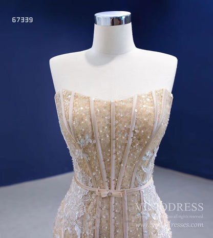 Light Gold Mermaid Wedding Dresses Strapless Beaded Prom Dress 67339-wedding dresses 2025 -Viniodress-Champagne-Custom Size-