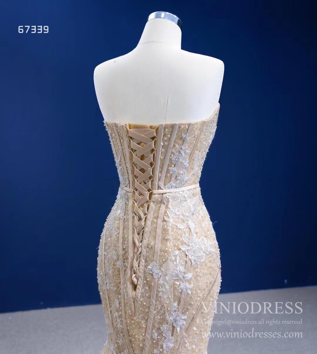 Light Gold Mermaid Wedding Dresses Strapless Beaded Prom Dress 67339-wedding dresses 2025 -Viniodress-Champagne-Custom Size-