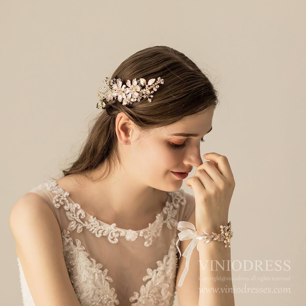 Light Gold Metal Flowers Bridal Combs AC1230-Headpieces 2025 -Viniodress-Gold-