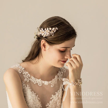 Light Gold Metal Flowers Bridal Combs AC1230-Headpieces 2025 -Viniodress-Gold-