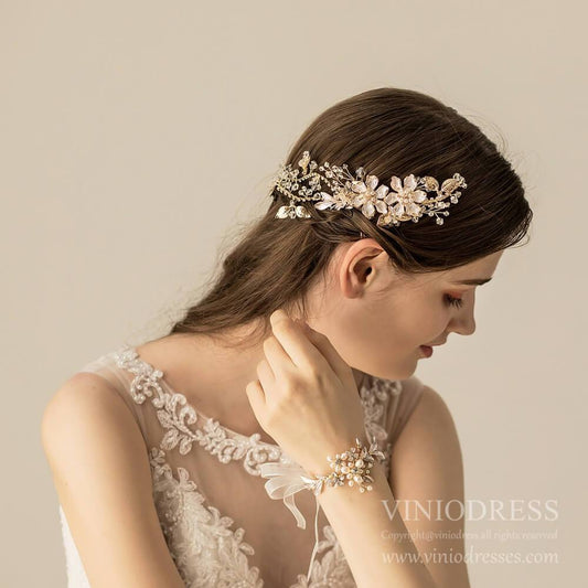 Light Gold Metal Flowers Bridal Combs AC1230-Headpieces 2025 -Viniodress-Gold-