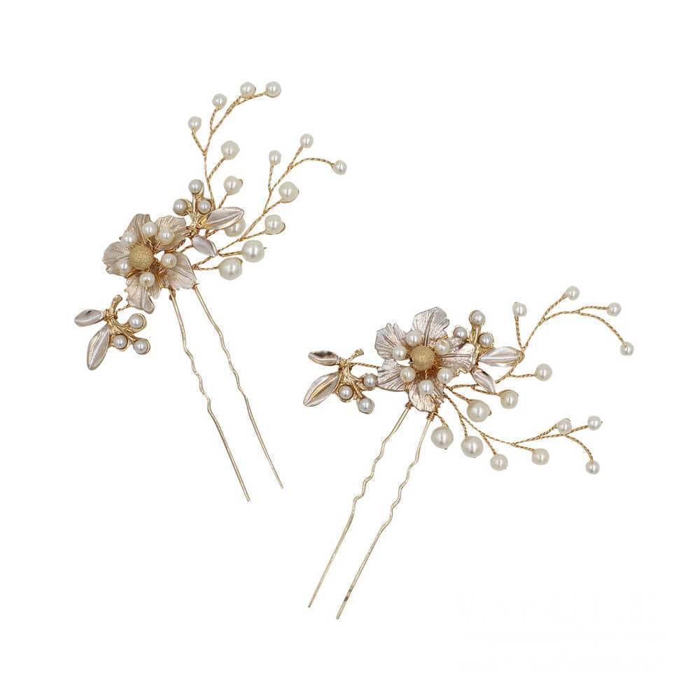 Light Gold Pearl Spray Bridal Hairpins Set AC1225-Headpieces 2025 -Viniodress-1SET-