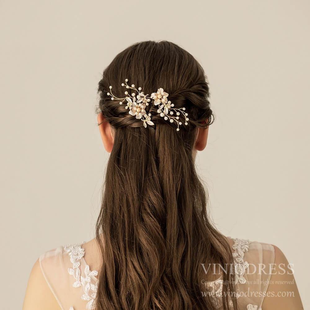 Light Gold Pearl Spray Bridal Hairpins Set AC1225-Headpieces 2025 -Viniodress-1SET-
