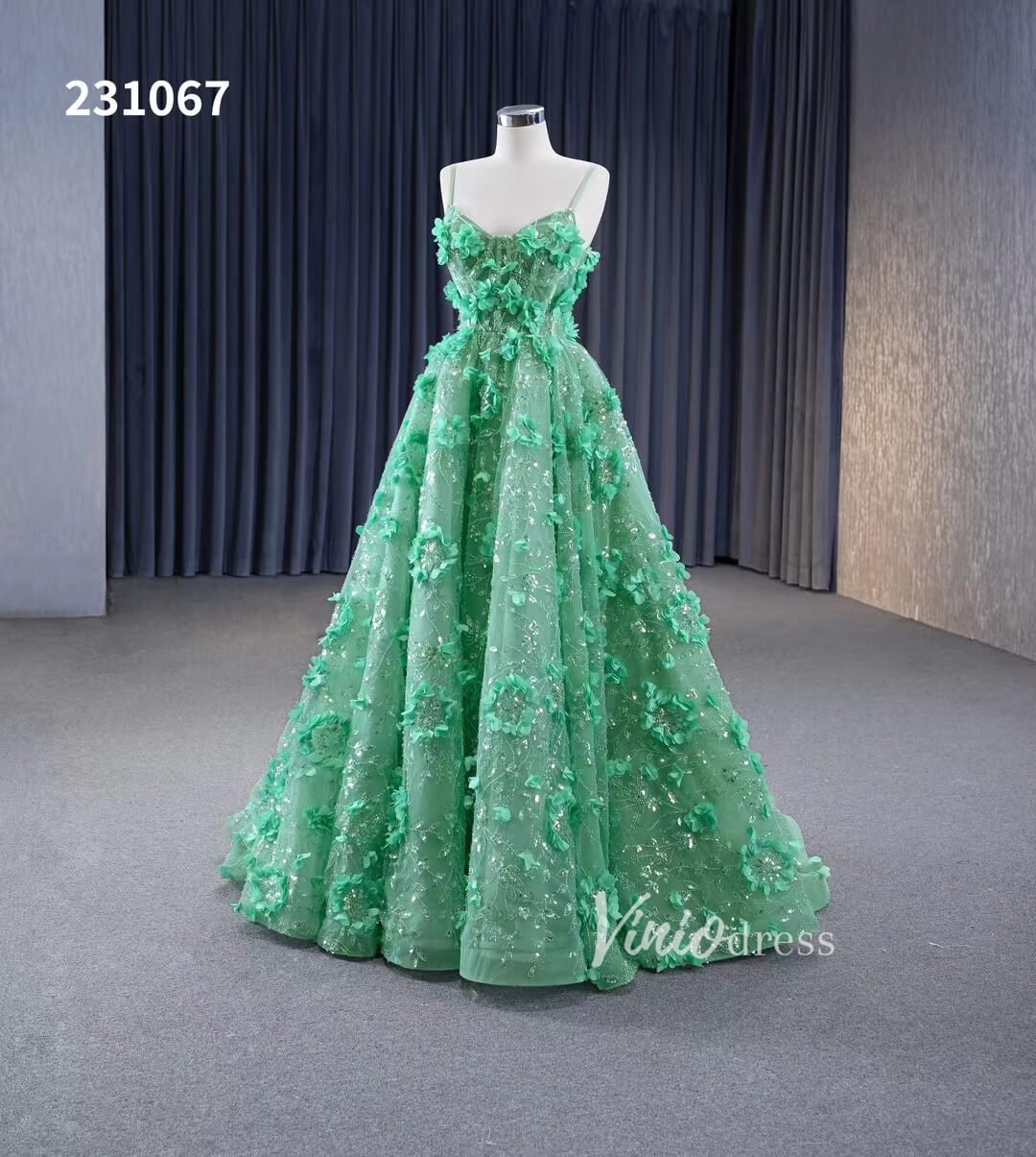 Light Green 3D Flower Lace Prom Dresses Spaghetti Strap Formal Dress 2 –  Viniodress