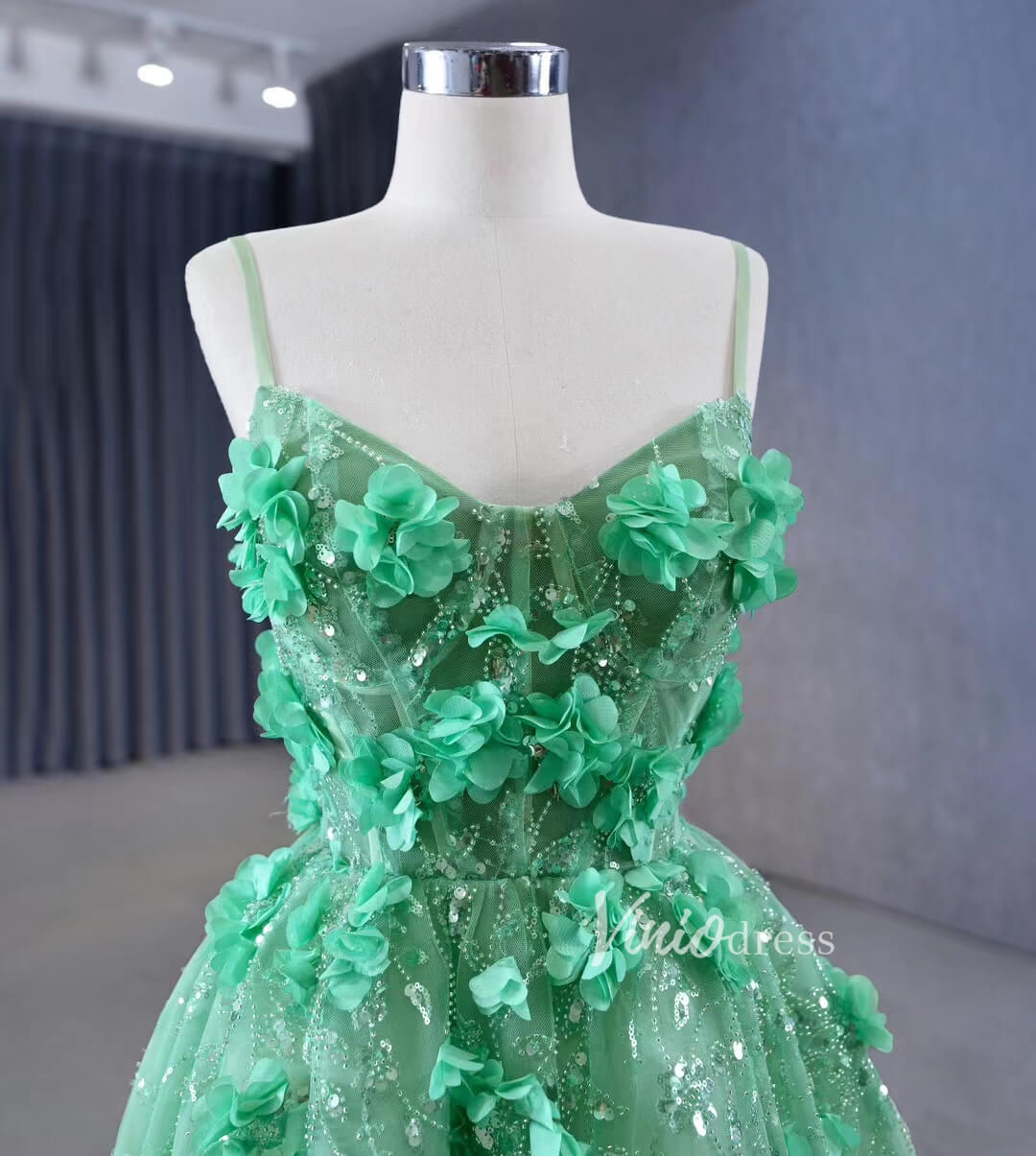Light Green 3D Flower Lace Prom Dresses Spaghetti Strap Formal Dress 231067-prom dresses 2025 -Viniodress-Light Green-Custom Size-