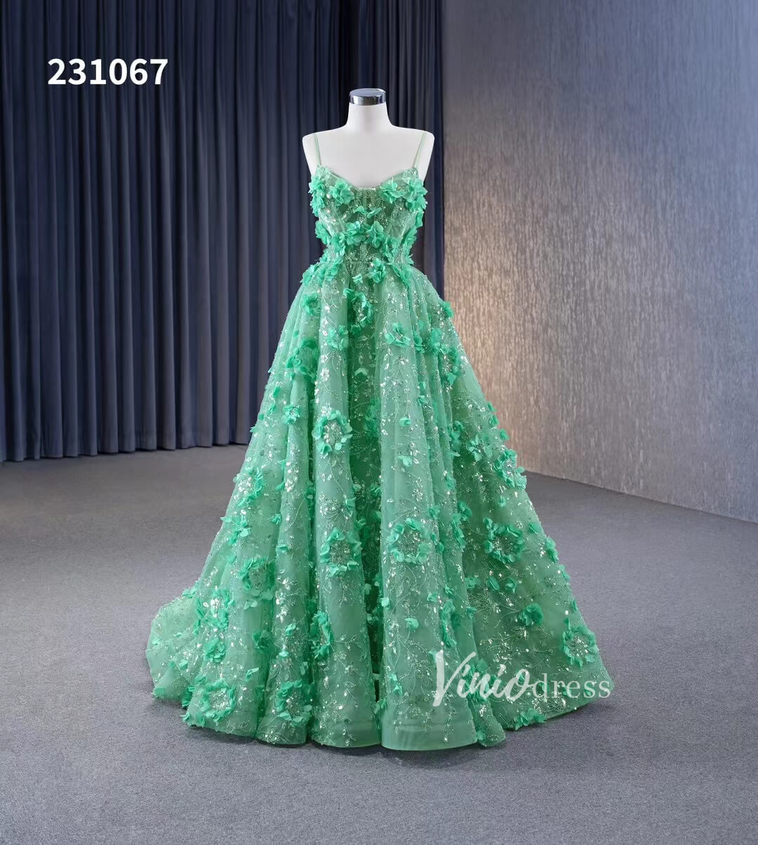 Light Green 3D Flower Lace Prom Dresses Spaghetti Strap Formal Dress 231067-prom dresses-Viniodress-Light Green-Custom Size-Viniodress