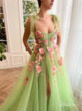 Light Green 3D Flower Prom Dresses with Pockets Bow Strap Floral Gown with Slit TO019-prom dresses-Viniodress-Viniodress