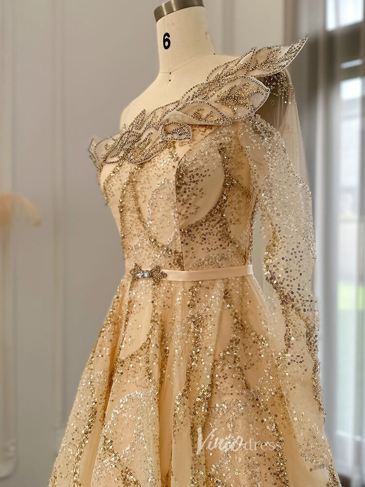 Light Green Beaded Lace Prom Dresses One Shoulder Long Sleeve Formal Dress 20093-Evening Dresses 2025 -Viniodress-Light Green-US 2-