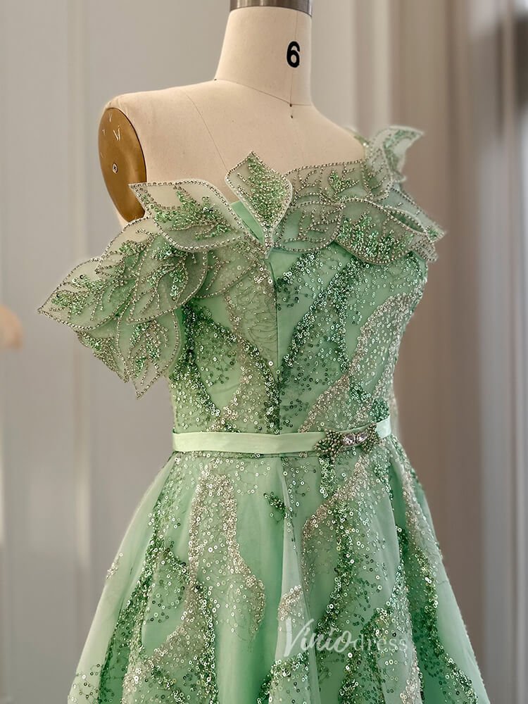 Light Green Beaded Lace Prom Dresses One Shoulder Long Sleeve Formal D Viniodress Light Green Beaded Lace Prom Dresses One Shoulder Long Sleeve Formal D Viniodress