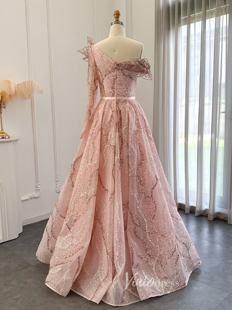 Light Green Beaded Lace Prom Dresses One Shoulder Long Sleeve Formal Dress 20093-Evening Dresses 2025 -Viniodress-Light Green-US 2-