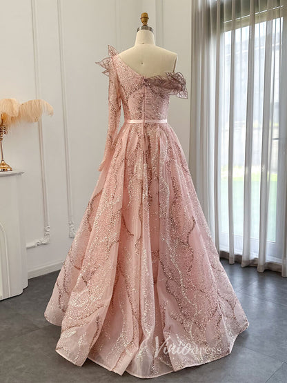 Light Green Beaded Lace Prom Dresses One Shoulder Long Sleeve Formal Dress 20093-Evening Dresses 2025 -Viniodress-Light Green-US 2-