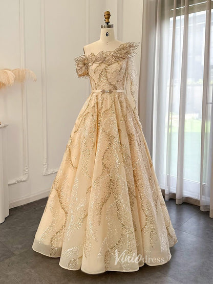 Light Green Beaded Lace Prom Dresses One Shoulder Long Sleeve Formal Dress 20093-Evening Dresses 2025 -Viniodress-Gold-US 2-