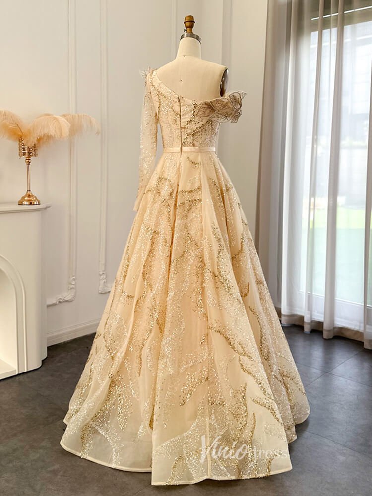 Light Green Beaded Lace Prom Dresses One Shoulder Long Sleeve Formal Dress 20093-Evening Dresses 2025 -Viniodress-Light Green-US 2-