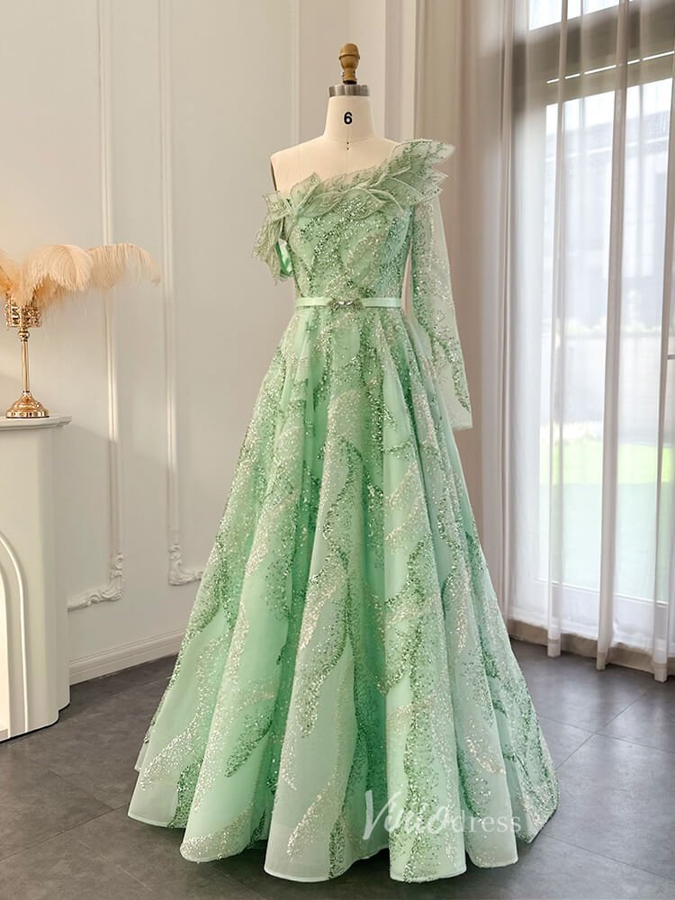 Light Green Beaded Lace Prom Dresses One Shoulder Long Sleeve Formal Dress 20093-Evening Dresses 2025 -Viniodress-Light Green-US 2-