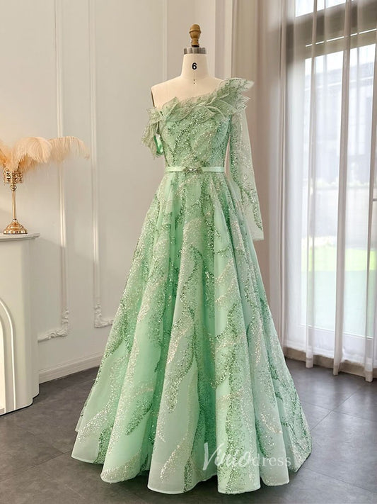 Light Green Beaded Lace Prom Dresses One Shoulder Long Sleeve Formal Dress 20093-Evening Dresses 2025 -Viniodress-Light Green-US 2-