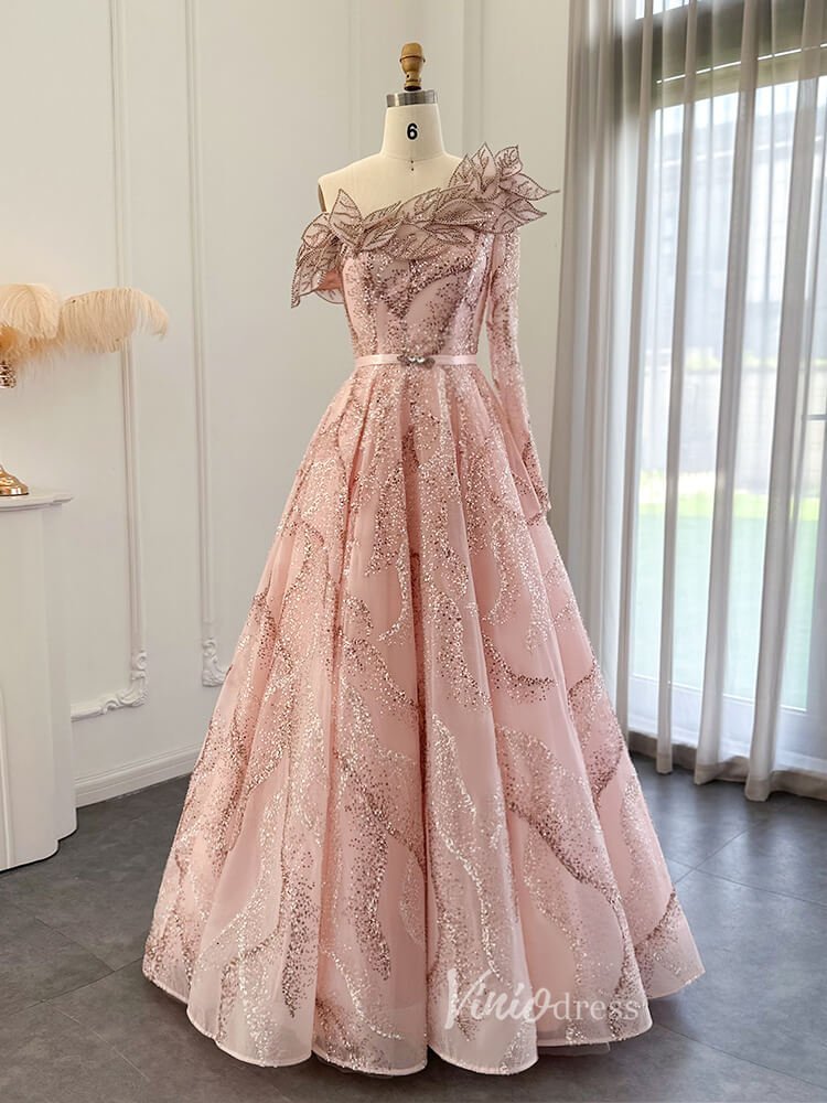 Light Green Beaded Lace Prom Dresses One Shoulder Long Sleeve Formal Dress 20093-Evening Dresses 2025 -Viniodress-Pink-US 2-