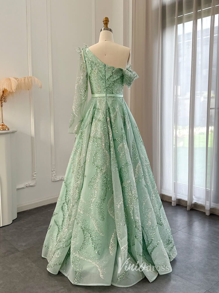 Prom Dress 2025 Light Green Beaded Lace Prom Dresses One Shoulder Long Sleeve Formal Dress 20093-unique prom dresses-Light Green-US 2-Viniodress