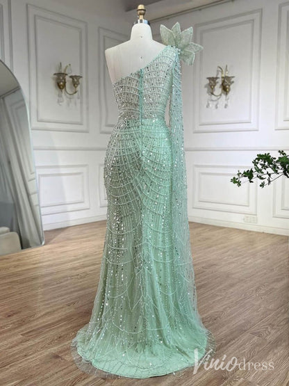 Light Green Beaded One Shoulder Prom Dresses Pearl String Pageant Dress AD1231-Evening Dresses 2025 -Viniodress-Light Green-US 2-