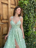 prom dresses 2025 Light Green Butterfly Tulle Prom Dresses with Slit & Spaghetti Straps - TO0007-plus size wedding dresses Viniodress-Green-Custom Size-