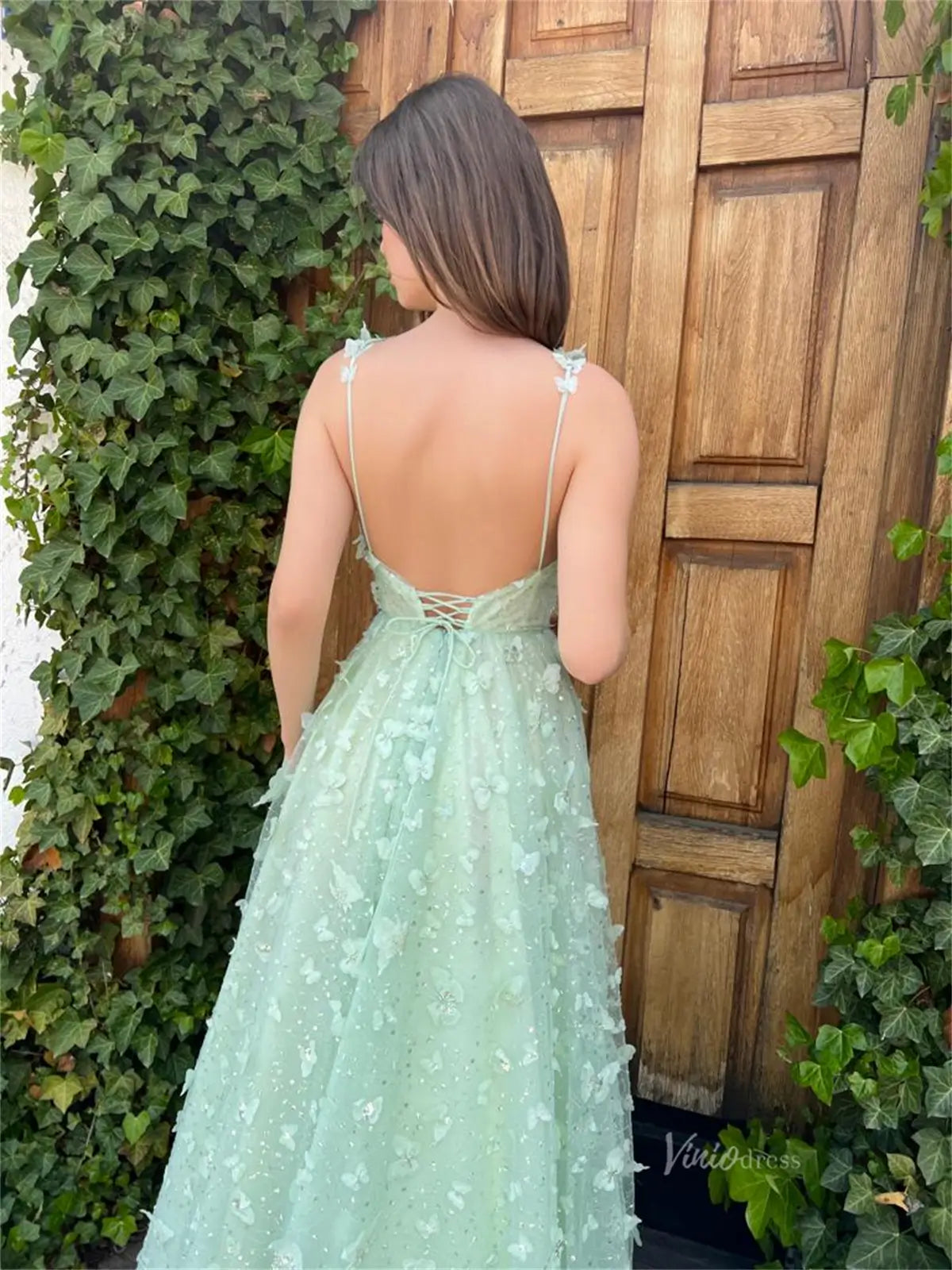 prom dresses 2025 Light Green Butterfly Tulle Prom Dresses with Slit & Spaghetti Straps - TO0007-plus size wedding dresses Viniodress-Green-Custom Size-