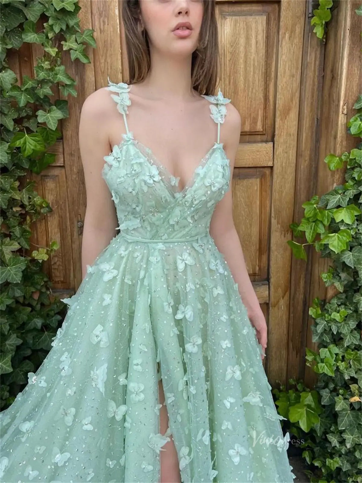 prom dresses 2025 Light Green Butterfly Tulle Prom Dresses with Slit & Spaghetti Straps - TO0007-plus size wedding dresses Viniodress-Green-Custom Size-