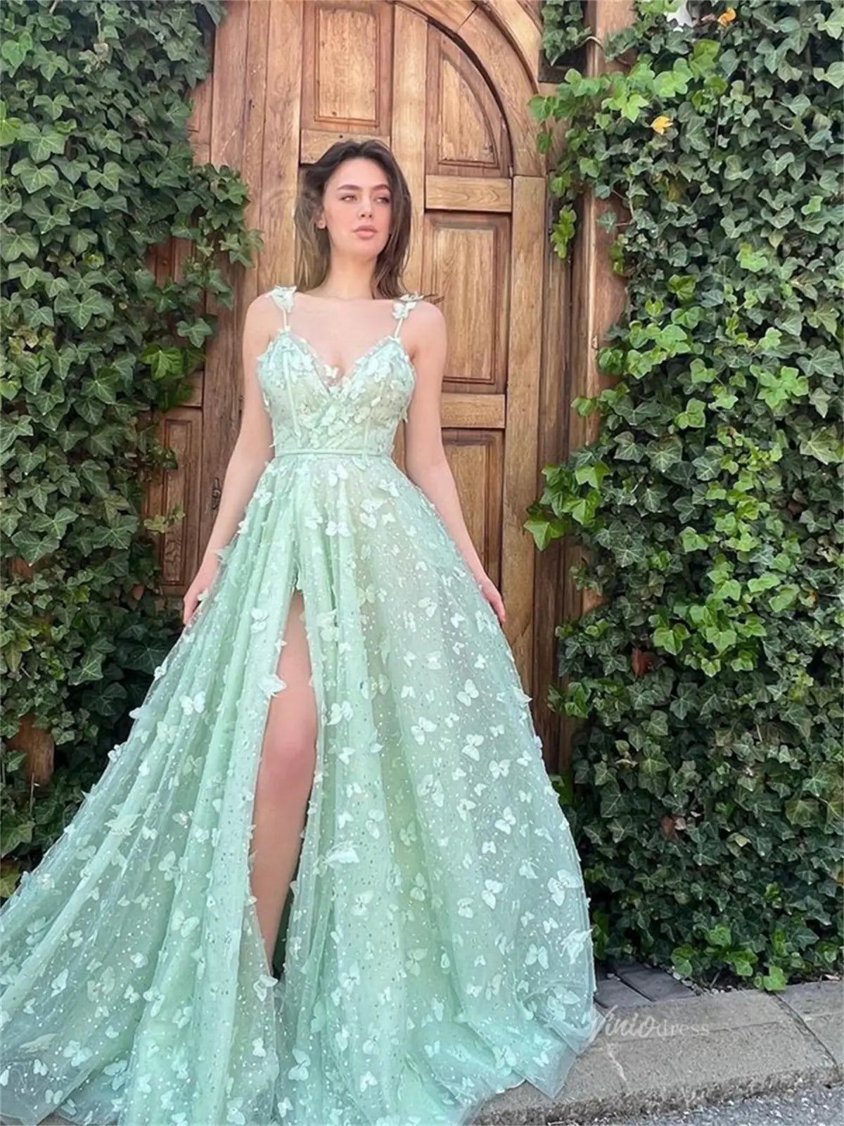 prom dresses 2025 Light Green Butterfly Tulle Prom Dresses with Slit & Spaghetti Straps - TO0007-plus size wedding dresses Viniodress-Green-Custom Size-