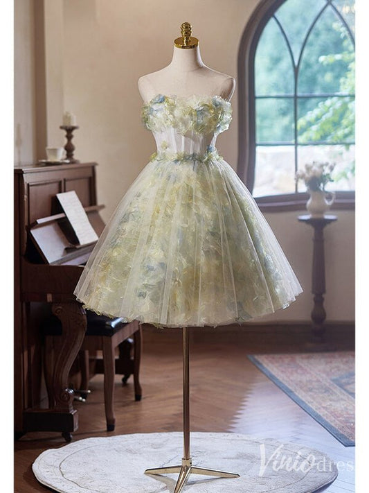 Light Green Floral Hoco 2024 Strapless Back to School Dress 8001-prom dresses 2025 -Viniodress-Light Green-Custom Size-