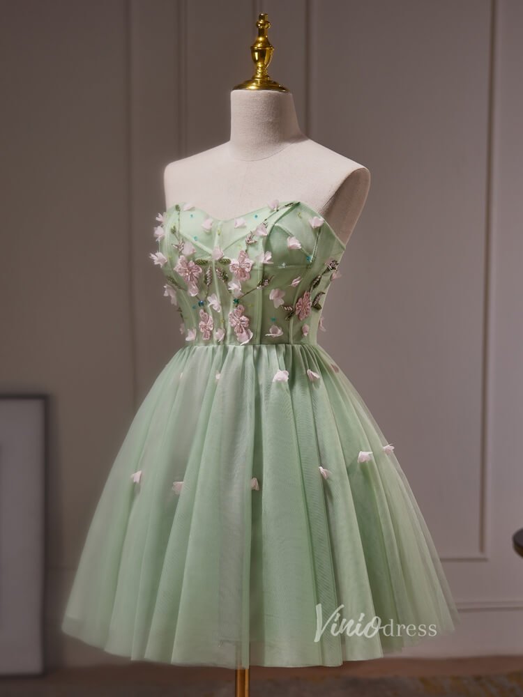 Light Green Floral Lace Applique Homecoming Dresses Strapless Boned Bodice BJ033 - Viniodressprom dressesLight GreenCustom Size - Formal Dresses - Ball Gowns