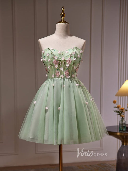 Light Green Floral Lace Applique Homecoming Dresses Strapless Boned Bodice BJ033 - Viniodressprom dressesLight GreenCustom Size - Formal Dresses - Ball Gowns