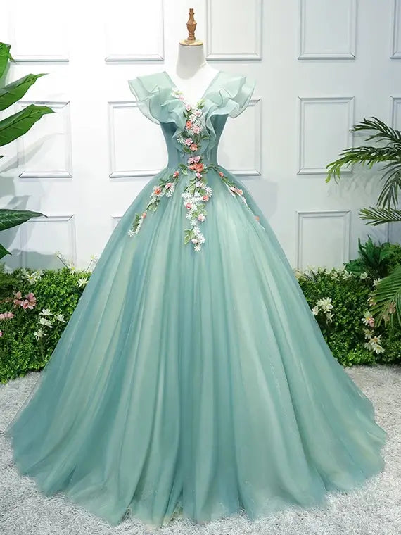 open lace back dress Light Green Floral Sweet 15 Dress Ball Gown Princess Prom Dresses FD10 Viniodress open lace back dress Light Green Floral Sweet 15 Dress Ball Gown Princess Prom Dresses FD10 Viniodress