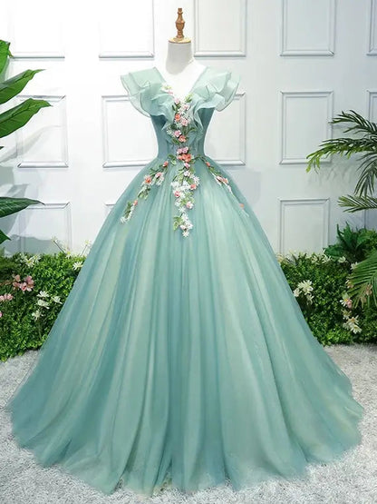 Light Green Floral Sweet 15 Dress Ball Gown Princess Prom Dresses FD1039-prom dresses 2025 -Viniodress-Light Green-Custom Size-