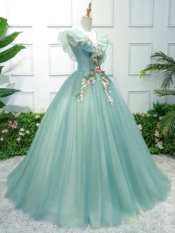 Light Green Floral Sweet 15 Dress Ball Gown Princess Prom Dresses FD10 Viniodress Light Green Floral Sweet 15 Dress Ball Gown Princess Prom Dresses FD10 Viniodress